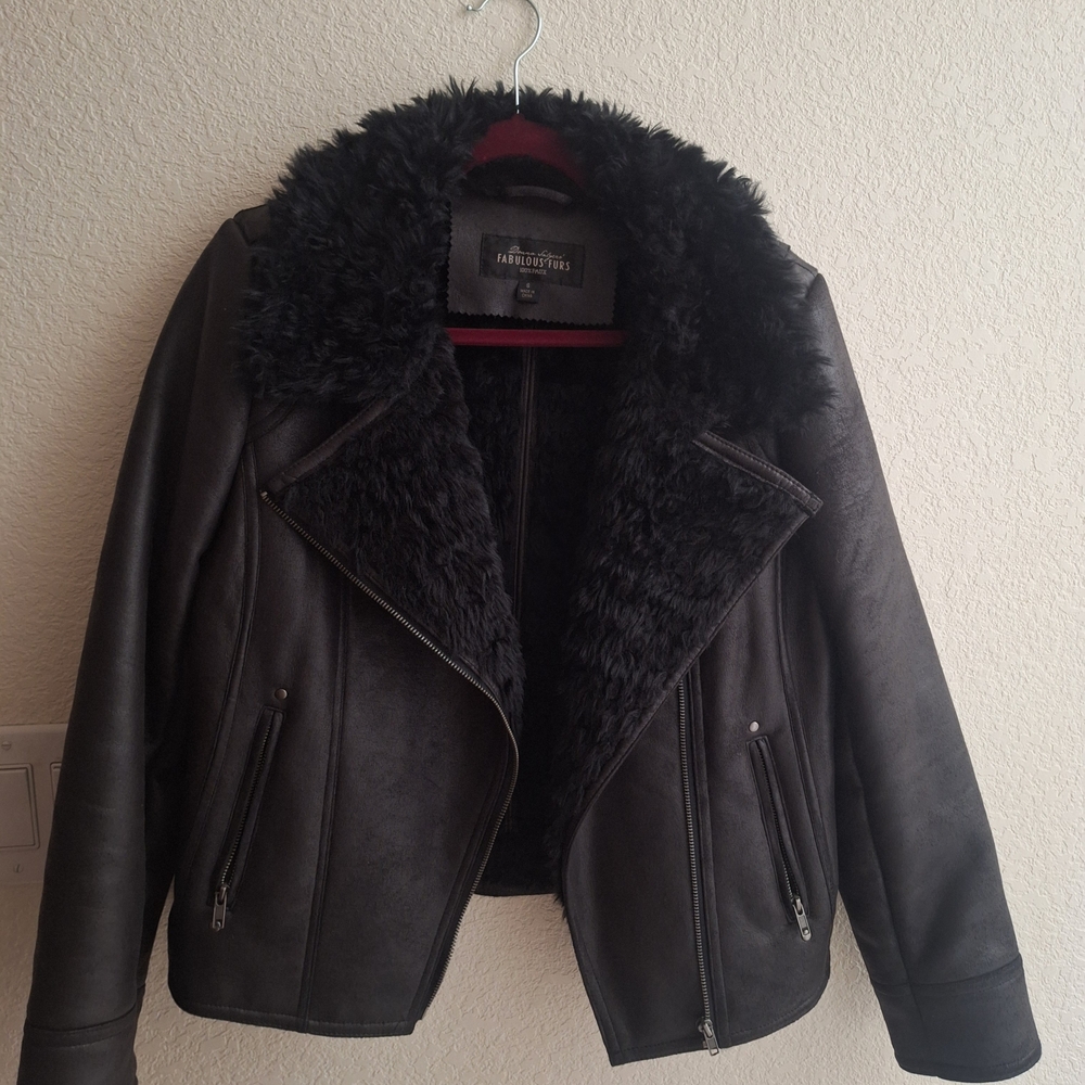 Fabulous Furs Black Leather Jacket with Faux Fur Collar